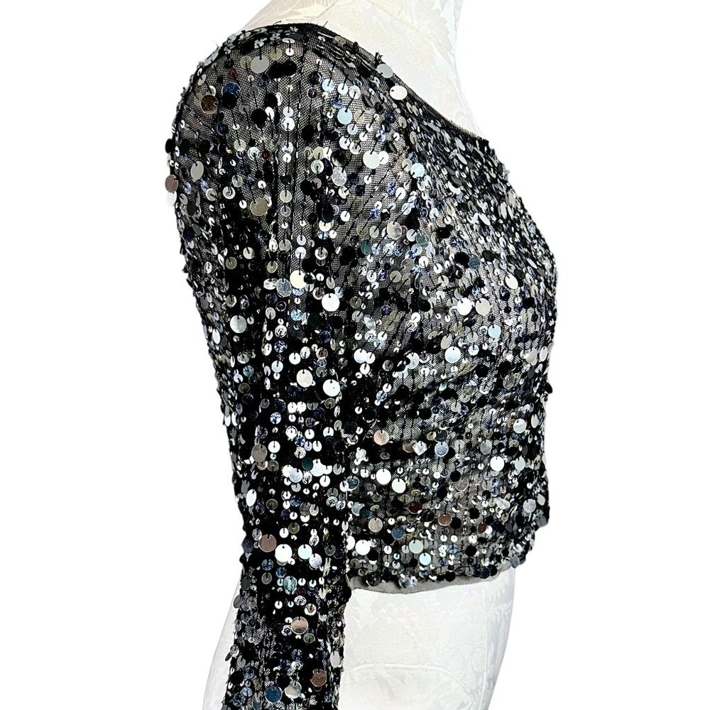 havenbleu Black Sheer Silver Sequin Cropped Long Sleeve Top Small - Picture 4 of 14